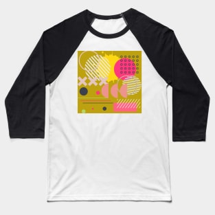 Modern Geometric Pattern Pastel  In Pale Rose, Pink, Lime, Yellow, and Ochre Gold Retro Doodle Style Baseball T-Shirt